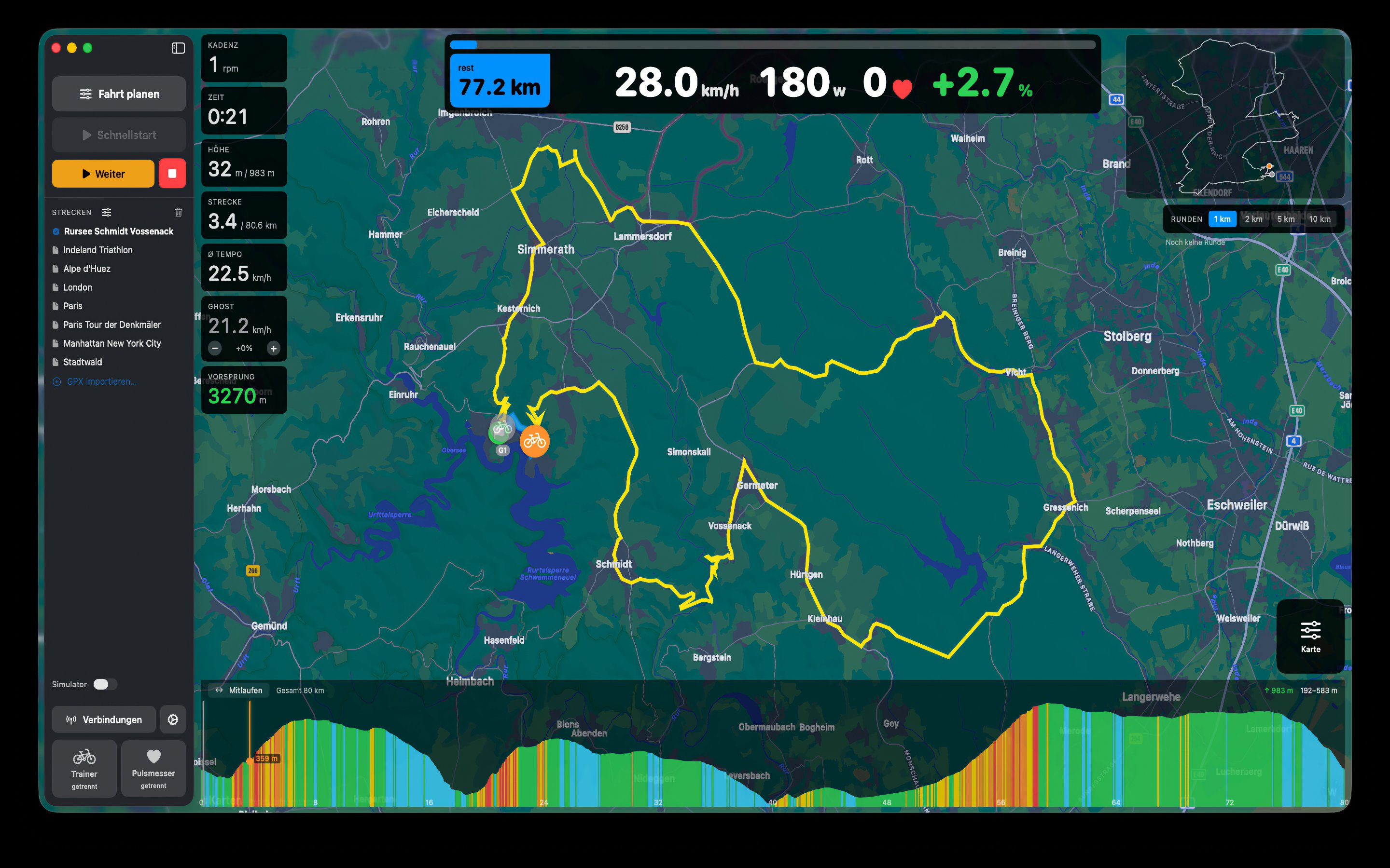 mapRider Hauptansicht mit GPX-Strecke und HUD