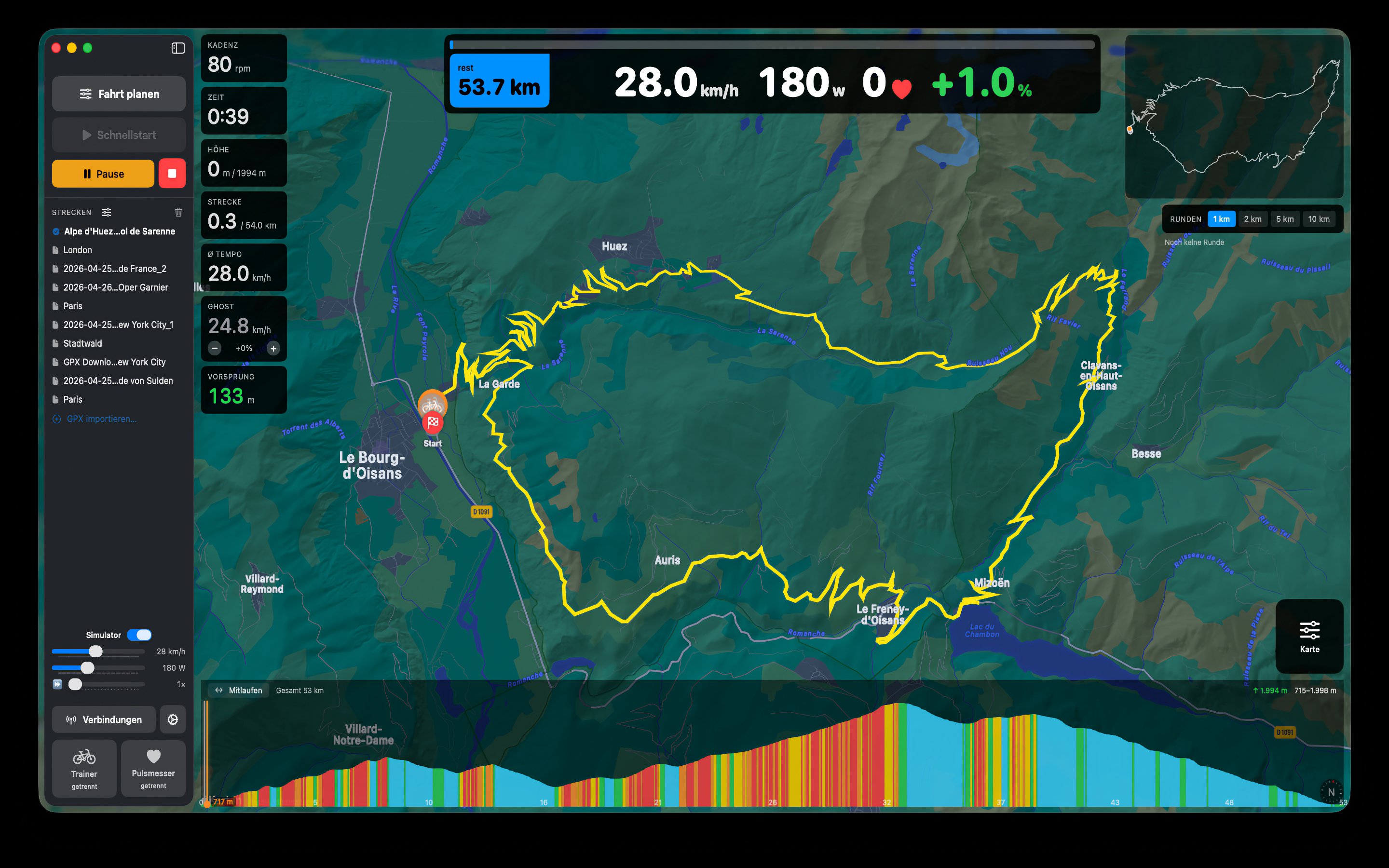 Alpe d'Huez und Col de Sarenne in mapRider